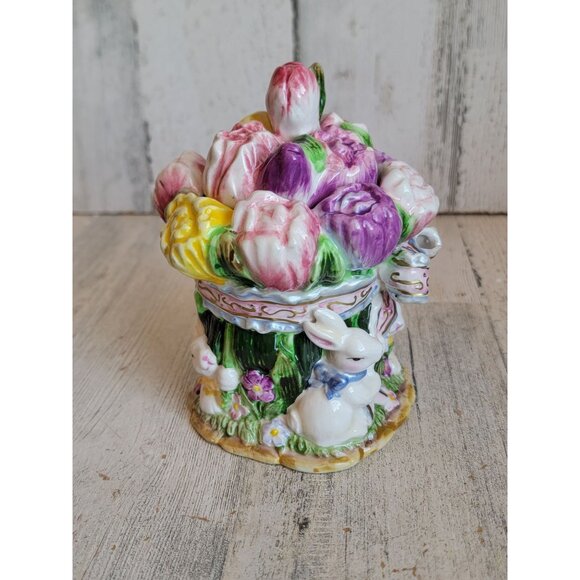 Tulips bunny vintage floral‎ sugar container tea accessory rabbit spring - Picture 3 of 6